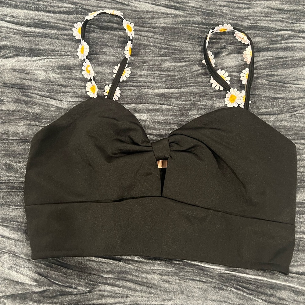 Black Crop Top with Floral Straps Size M by 36.5